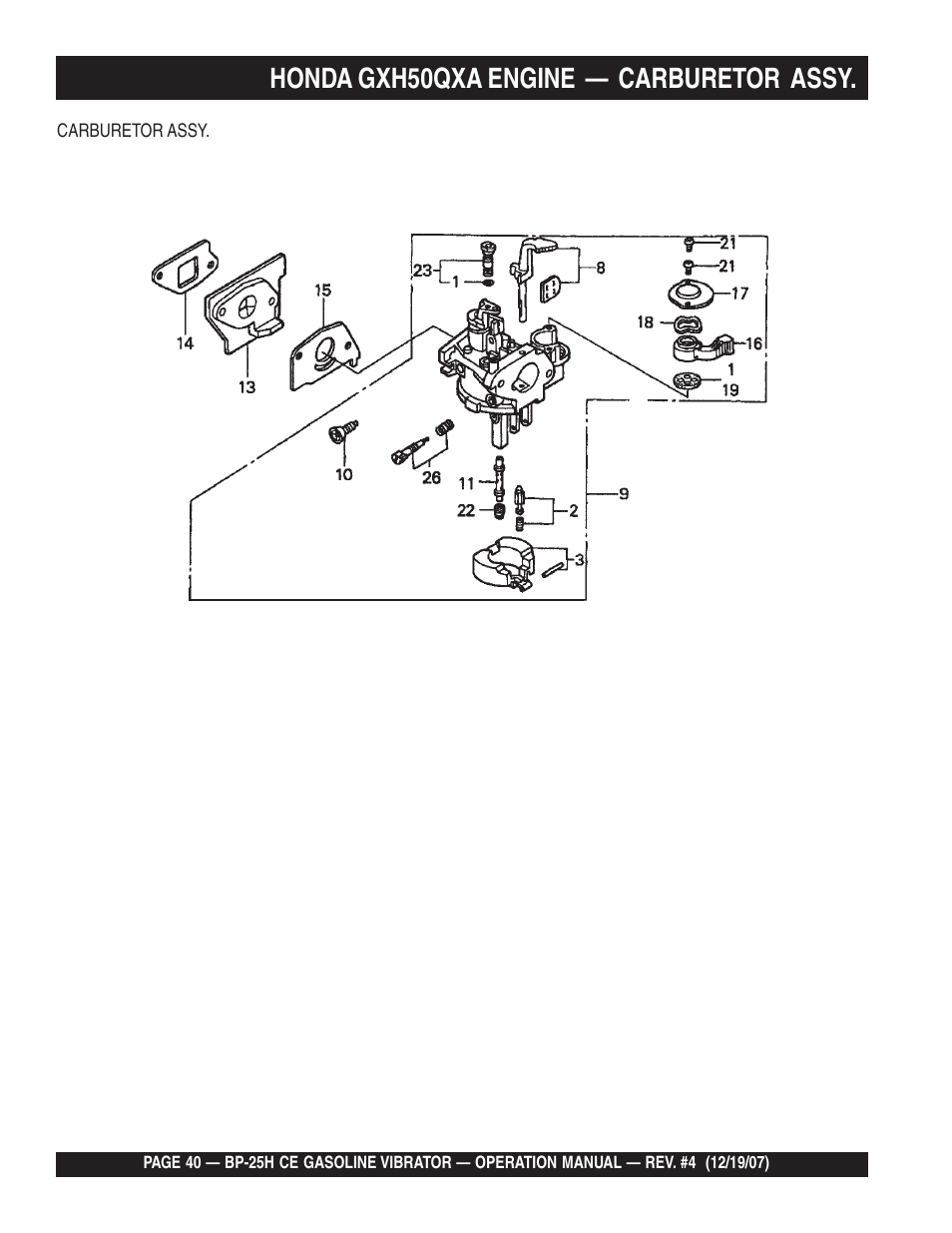 Honda gxh50qxa engine — carburetor assy | Multiquip BP25H_CE User Manual | Page 40 / 68