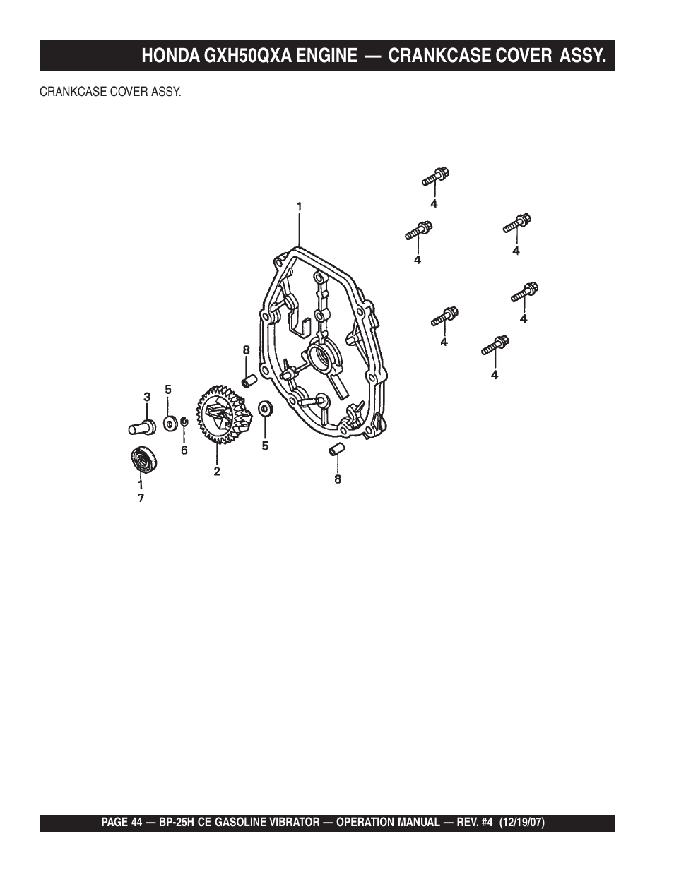 Honda gxh50qxa engine — crankcase cover assy | Multiquip BP25H_CE User Manual | Page 44 / 68