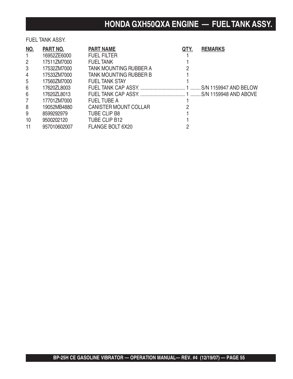 Honda gxh50qxa engine — fuel tank assy | Multiquip BP25H_CE User Manual | Page 55 / 68