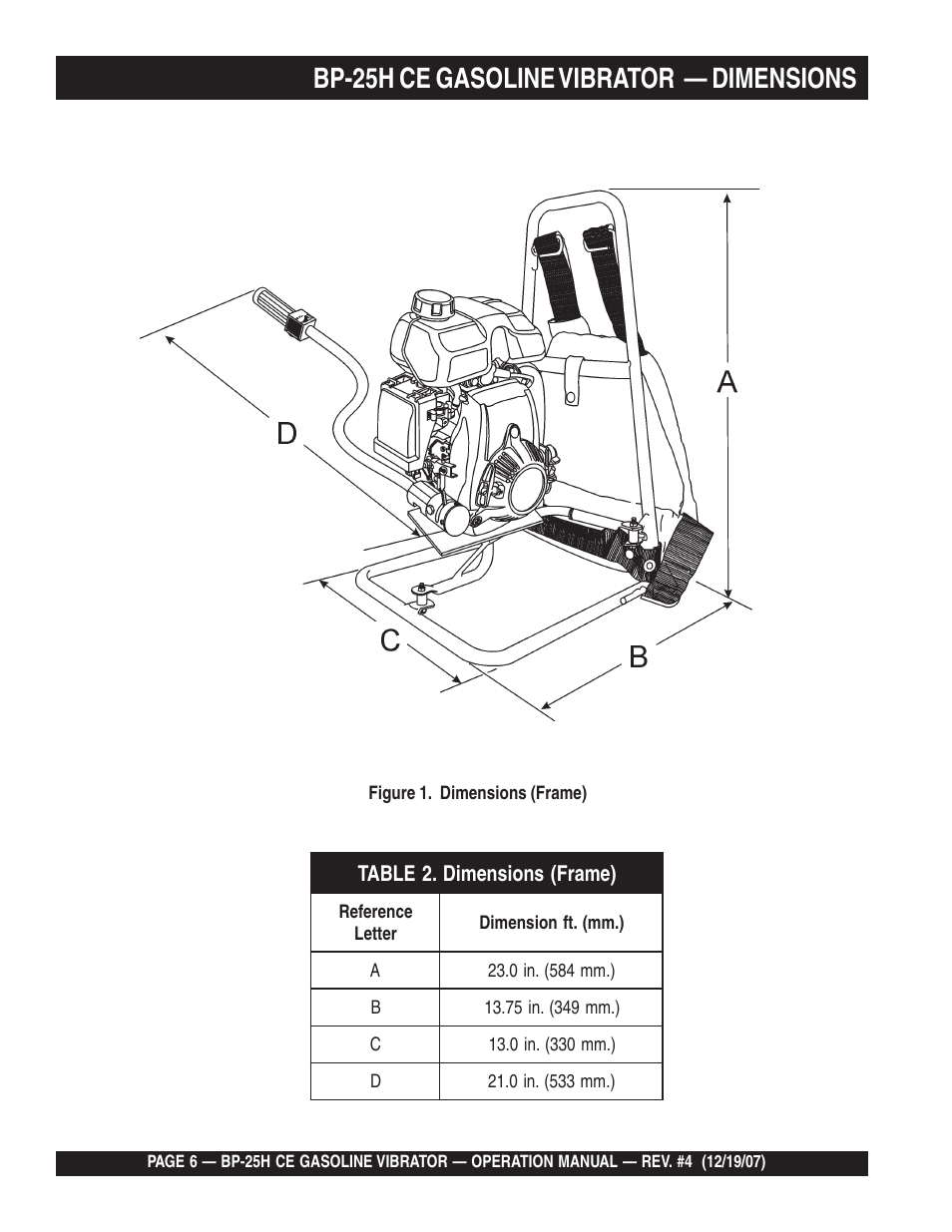 Bp-25h ce gasoline vibrator — dimensions | Multiquip BP25H_CE User Manual | Page 6 / 68