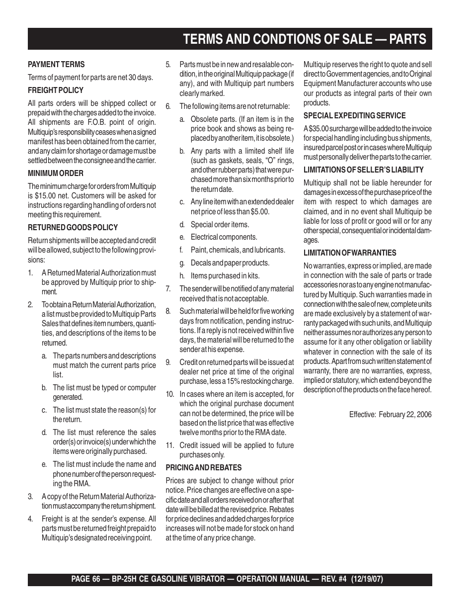 Terms and condtions of sale — parts | Multiquip BP25H_CE User Manual | Page 66 / 68