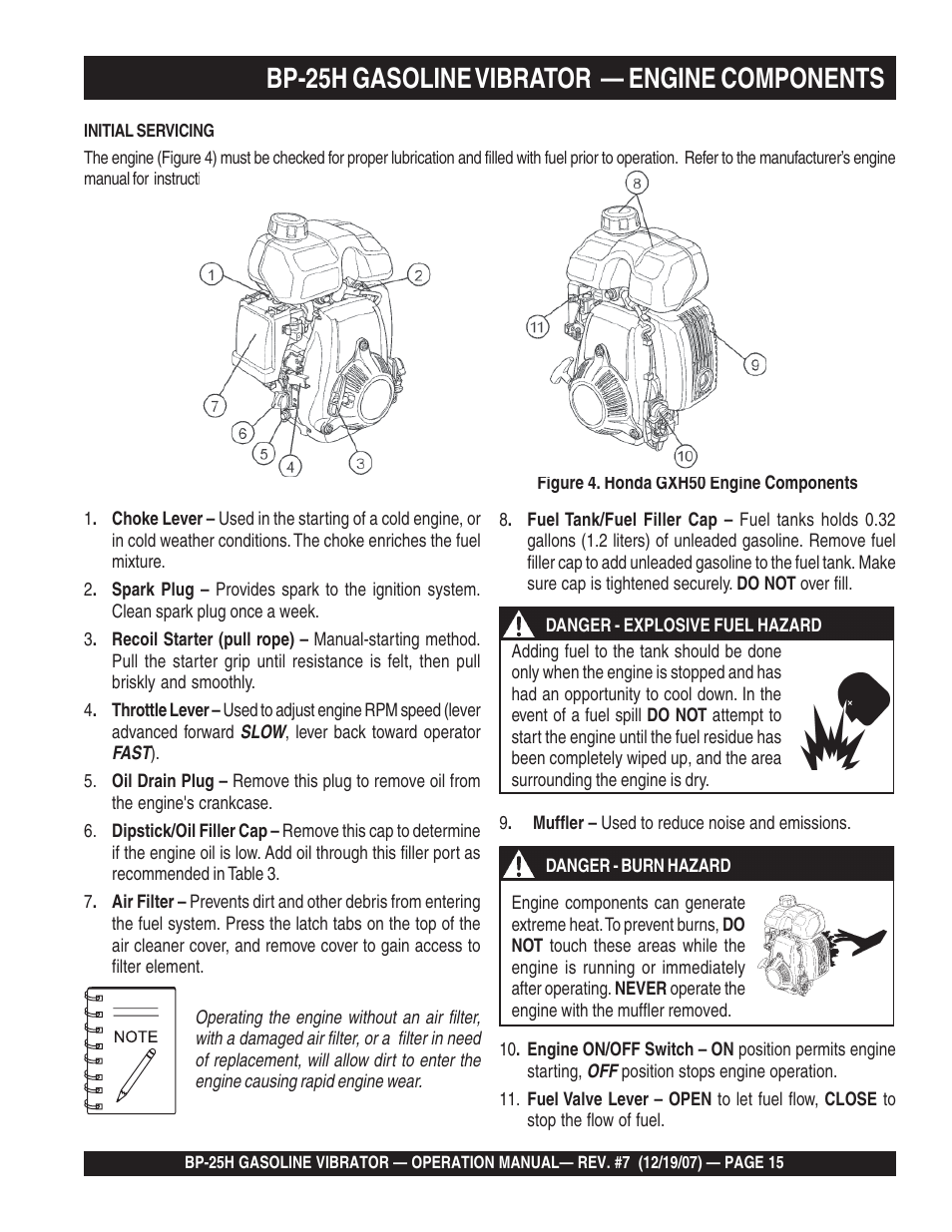 Bp-25h gasoline vibrator — engine components | Multiquip BP25H User Manual | Page 15 / 70