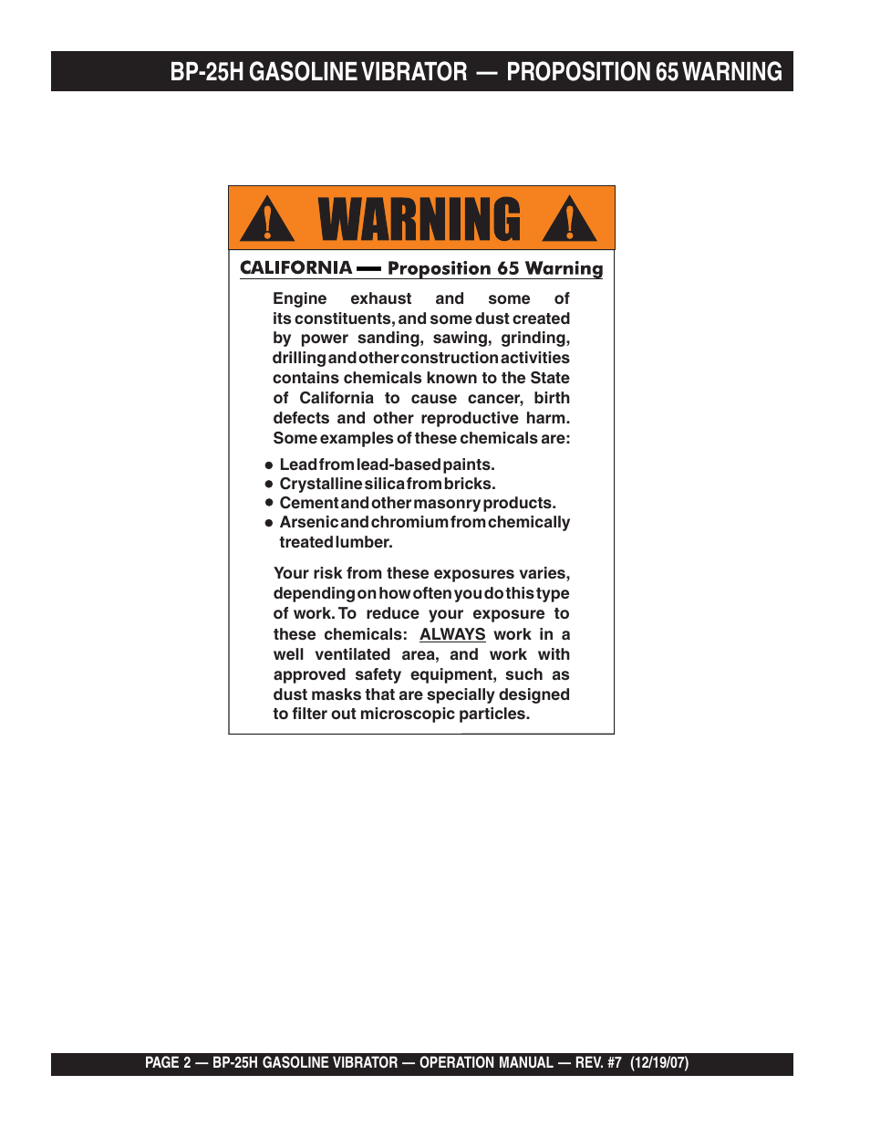 Bp-25h gasoline vibrator — proposition 65 warning | Multiquip BP25H User Manual | Page 2 / 70