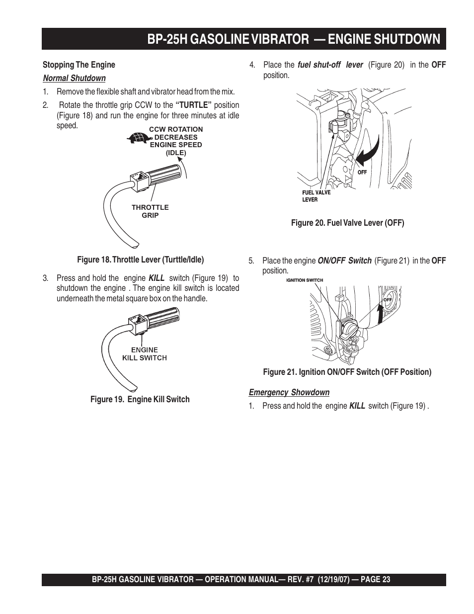 Bp-25h gasoline vibrator — engine shutdown | Multiquip BP25H User Manual | Page 23 / 70