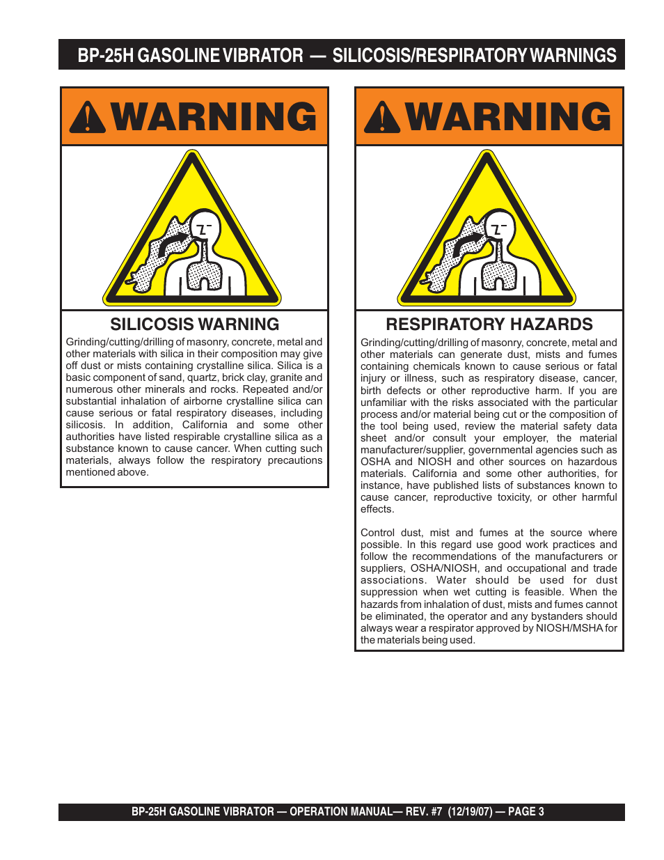 Warning | Multiquip BP25H User Manual | Page 3 / 70