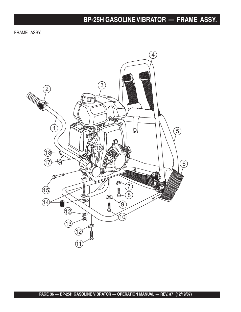 Bp-25h gasoline vibrator — frame assy | Multiquip BP25H User Manual | Page 36 / 70