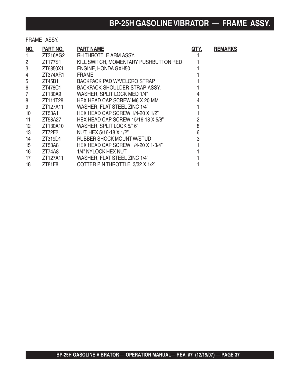 Bp-25h gasoline vibrator — frame assy | Multiquip BP25H User Manual | Page 37 / 70