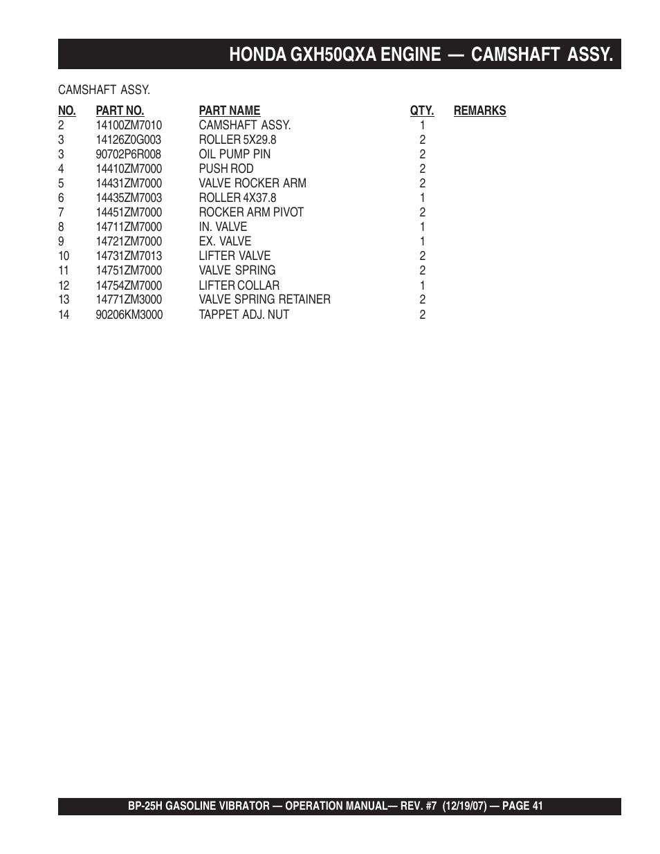 Honda gxh50qxa engine — camshaft assy | Multiquip BP25H User Manual | Page 41 / 70
