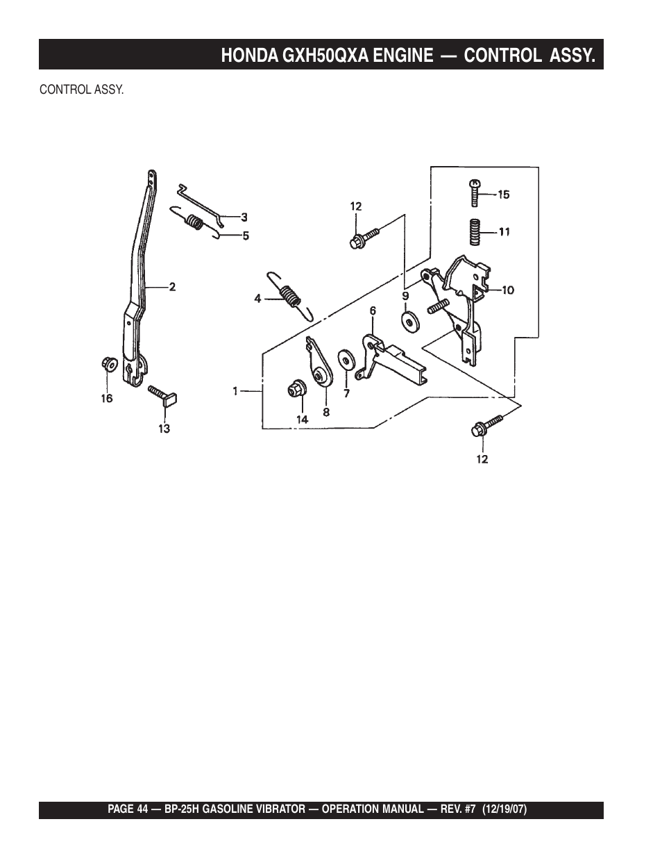 Honda gxh50qxa engine — control assy | Multiquip BP25H User Manual | Page 44 / 70