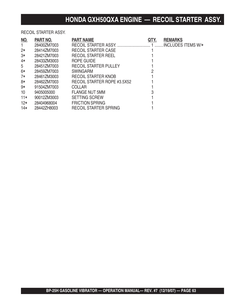 Honda gxh50qxa engine — recoil starter assy | Multiquip BP25H User Manual | Page 63 / 70