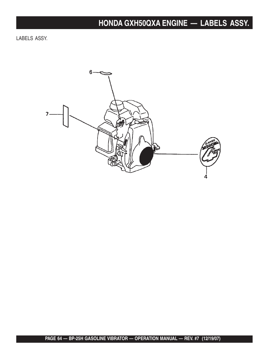Honda gxh50qxa engine — labels assy | Multiquip BP25H User Manual | Page 64 / 70