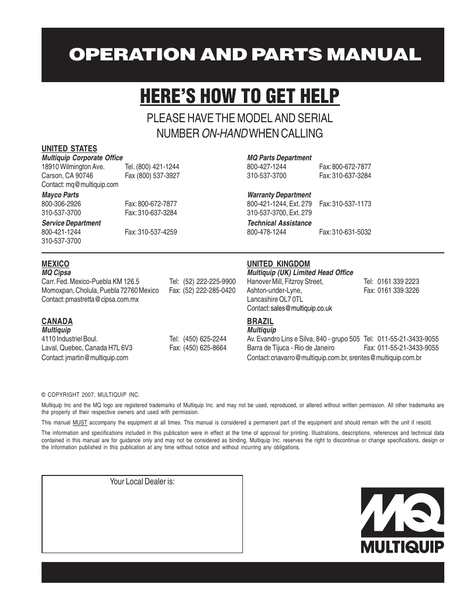 Here’s how to get help, Operation and parts manual, On-hand | Please have the model and serial number, When calling | Multiquip BP25H User Manual | Page 70 / 70