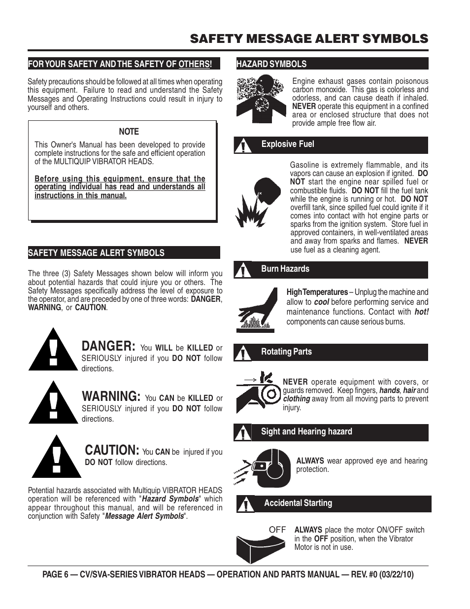 Danger, Warning, Caution | Safety message alert symbols | Multiquip CV-SERIES (900, 1000, 1300, 1400, 1700, 2100, 2600) User Manual | Page 6 / 20
