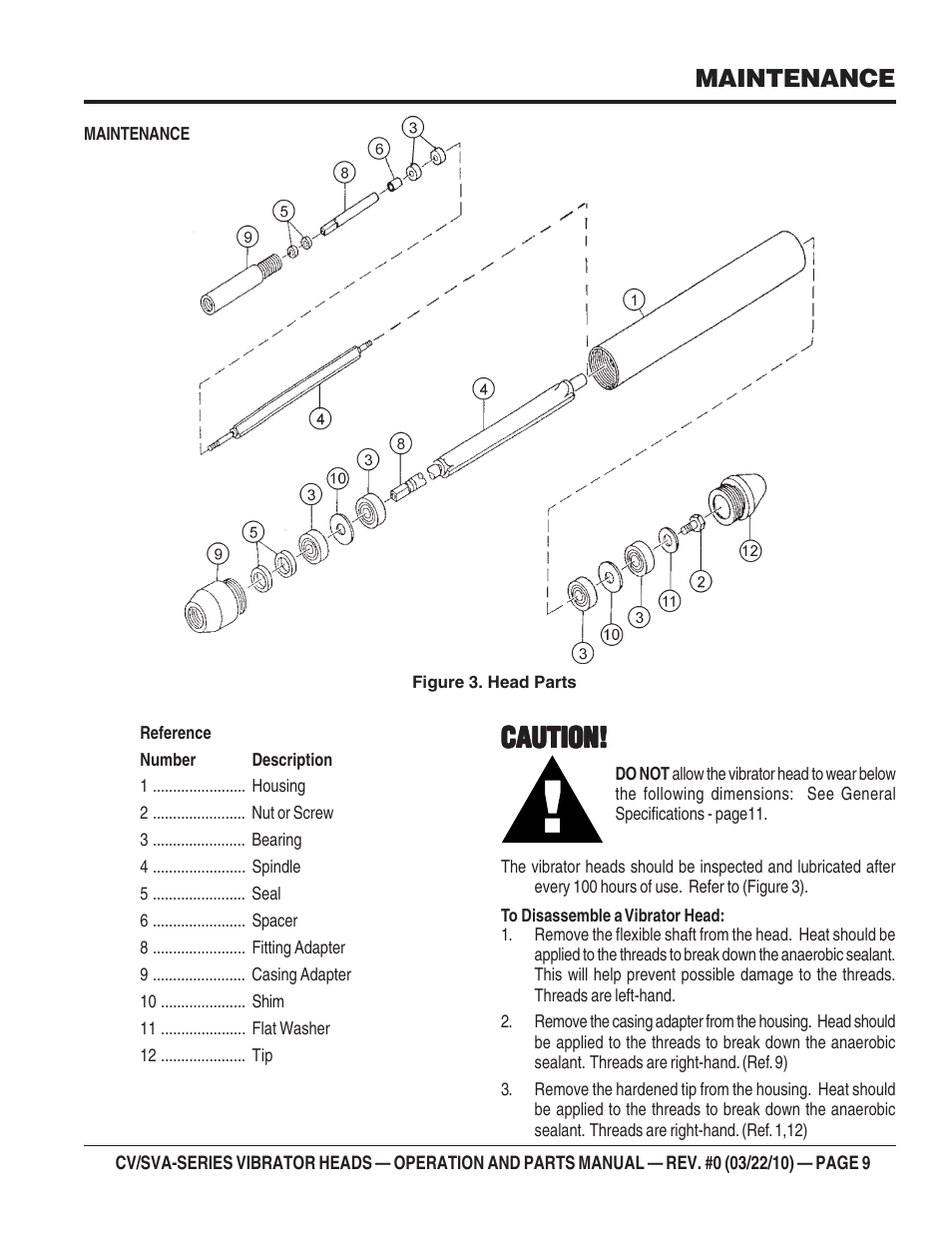 Caution, Maintenance | Multiquip CV-SERIES (900, 1000, 1300, 1400, 1700, 2100, 2600) User Manual | Page 9 / 20