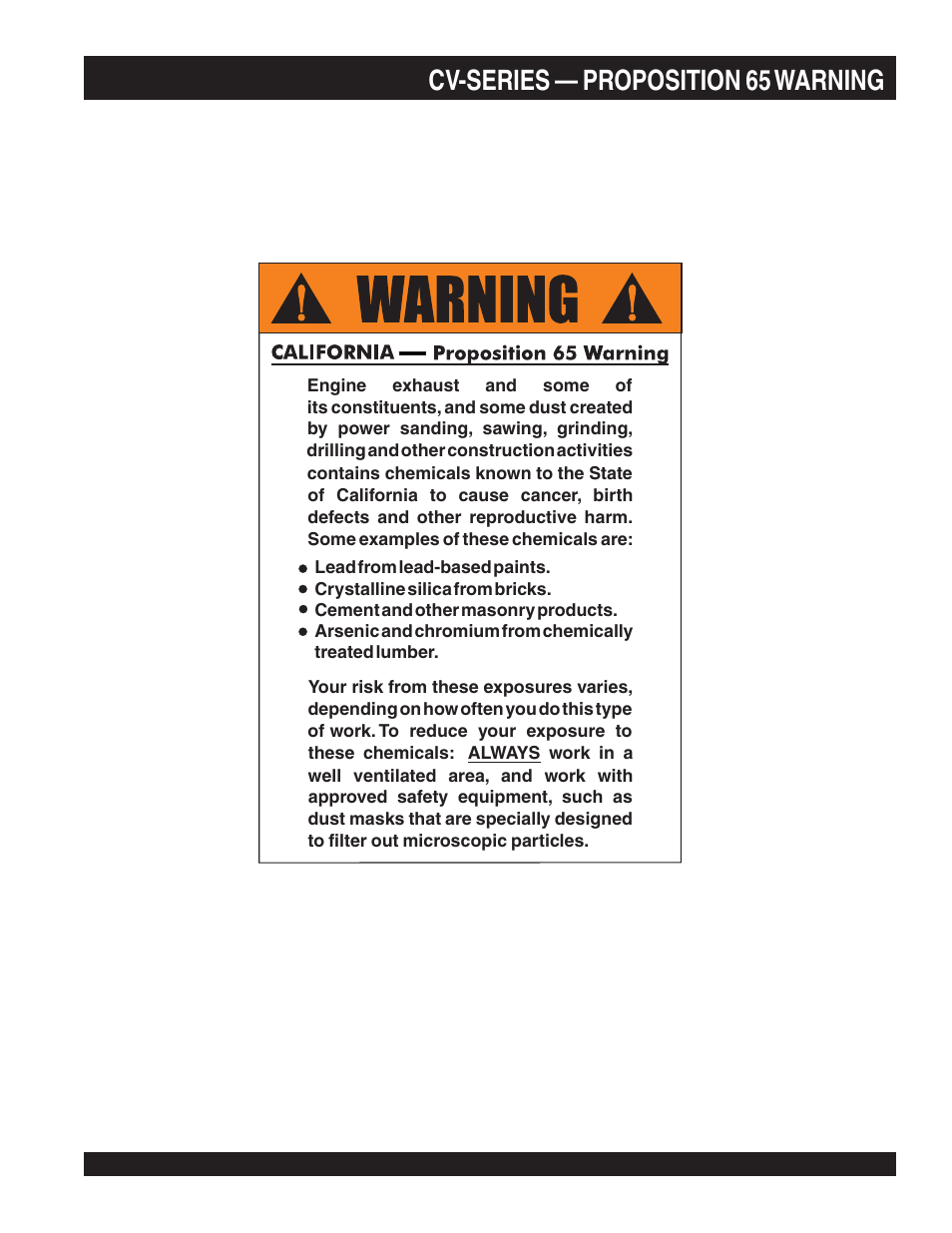 Cv-series — proposition 65 warning | Multiquip CV-3E User Manual | Page 2 / 24