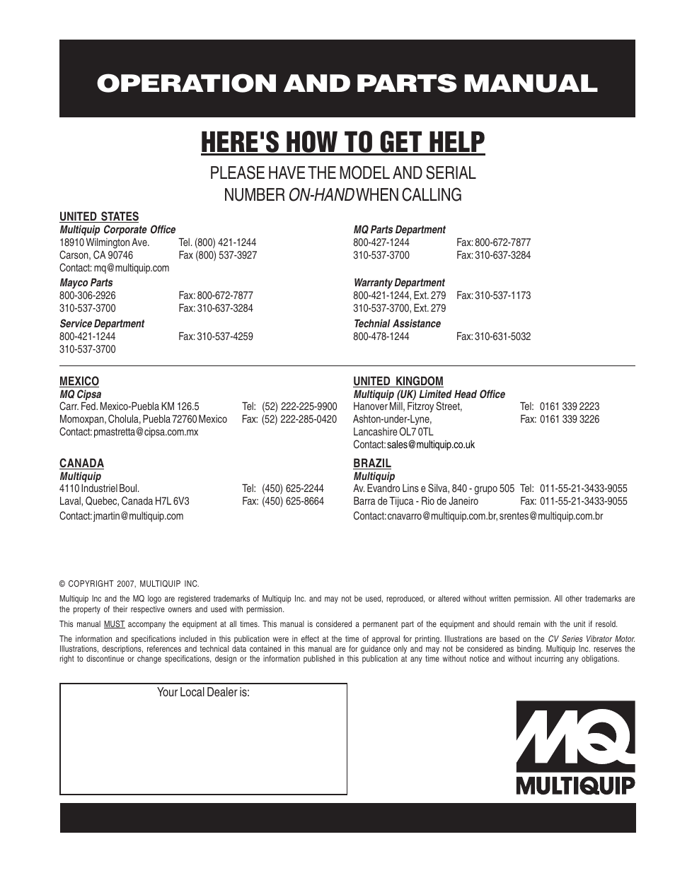 Here's how to get help, Operation and parts manual, On-hand | Please have the model and serial number, When calling | Multiquip CV-3E User Manual | Page 24 / 24