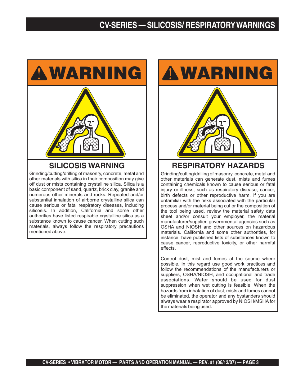 Warning | Multiquip CV-3E User Manual | Page 3 / 24