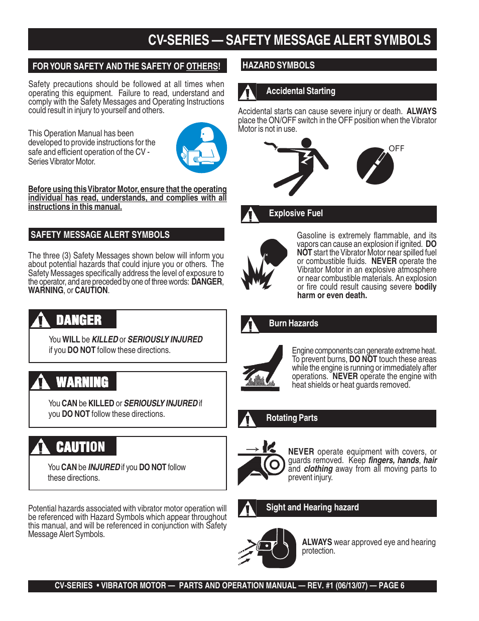Cv-series — safety message alert symbols, Cauti | Multiquip CV-3E User Manual | Page 6 / 24