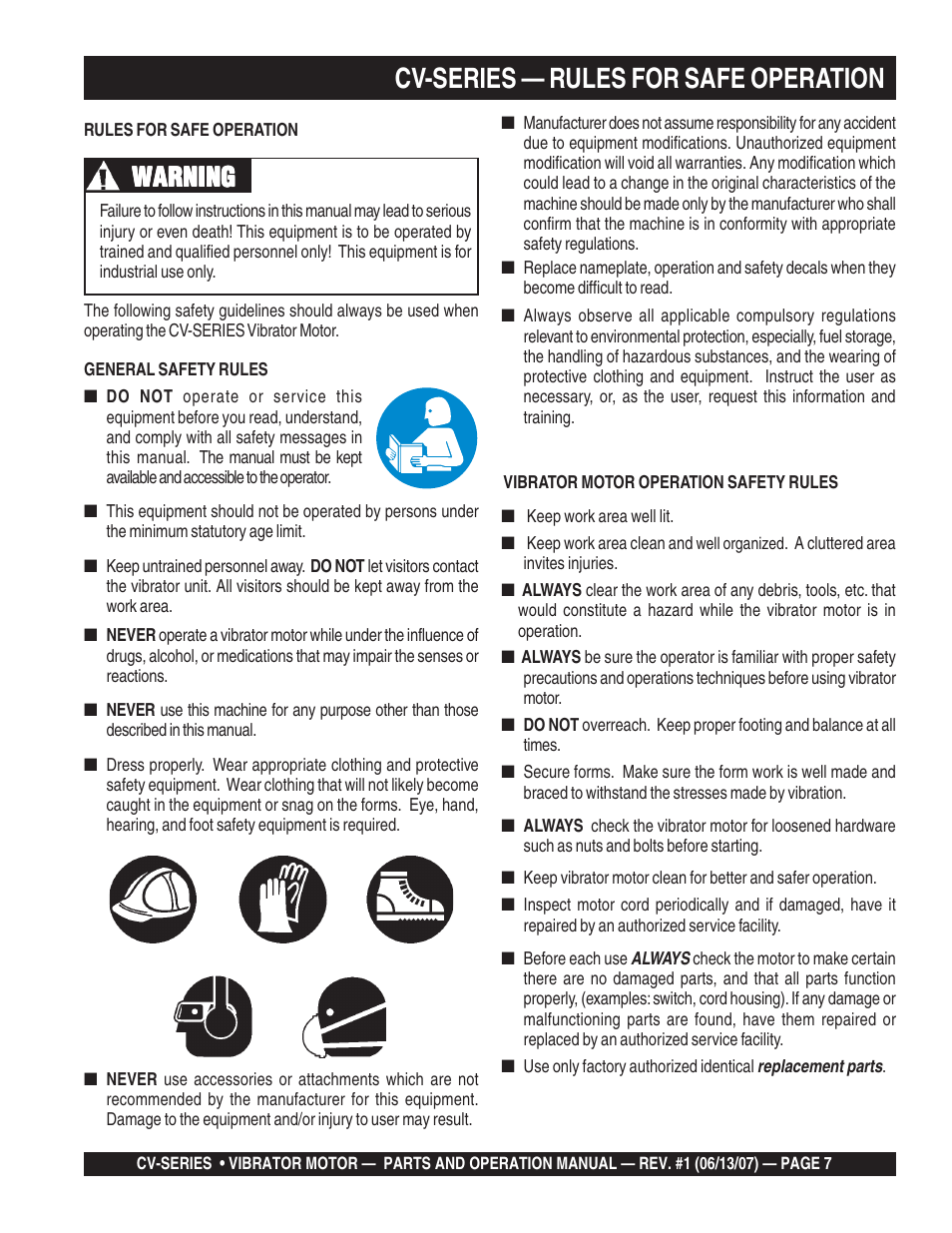 Cv-series — rules for safe operation, Warning | Multiquip CV-3E User Manual | Page 7 / 24