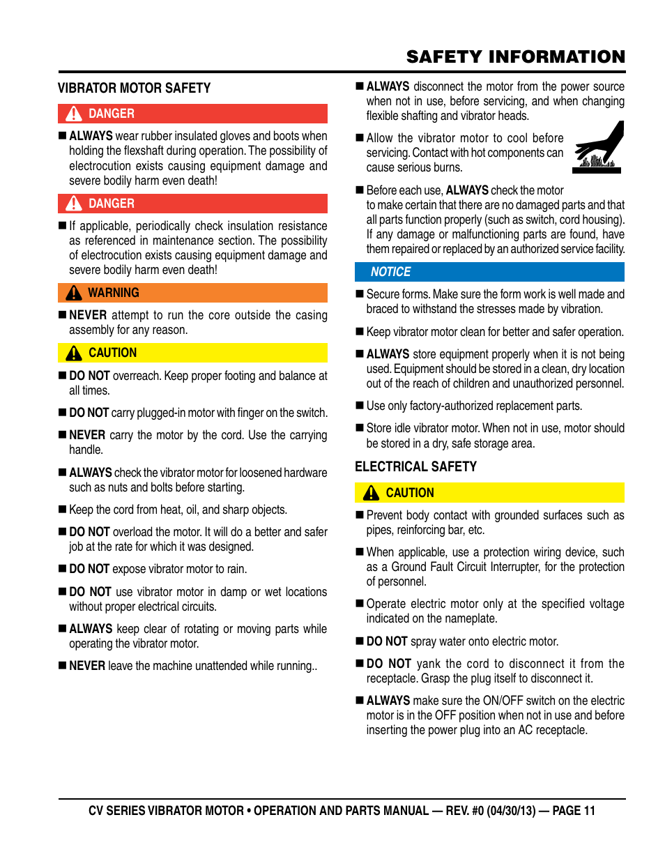 Safety information | Multiquip Cv1A User Manual | Page 11 / 34