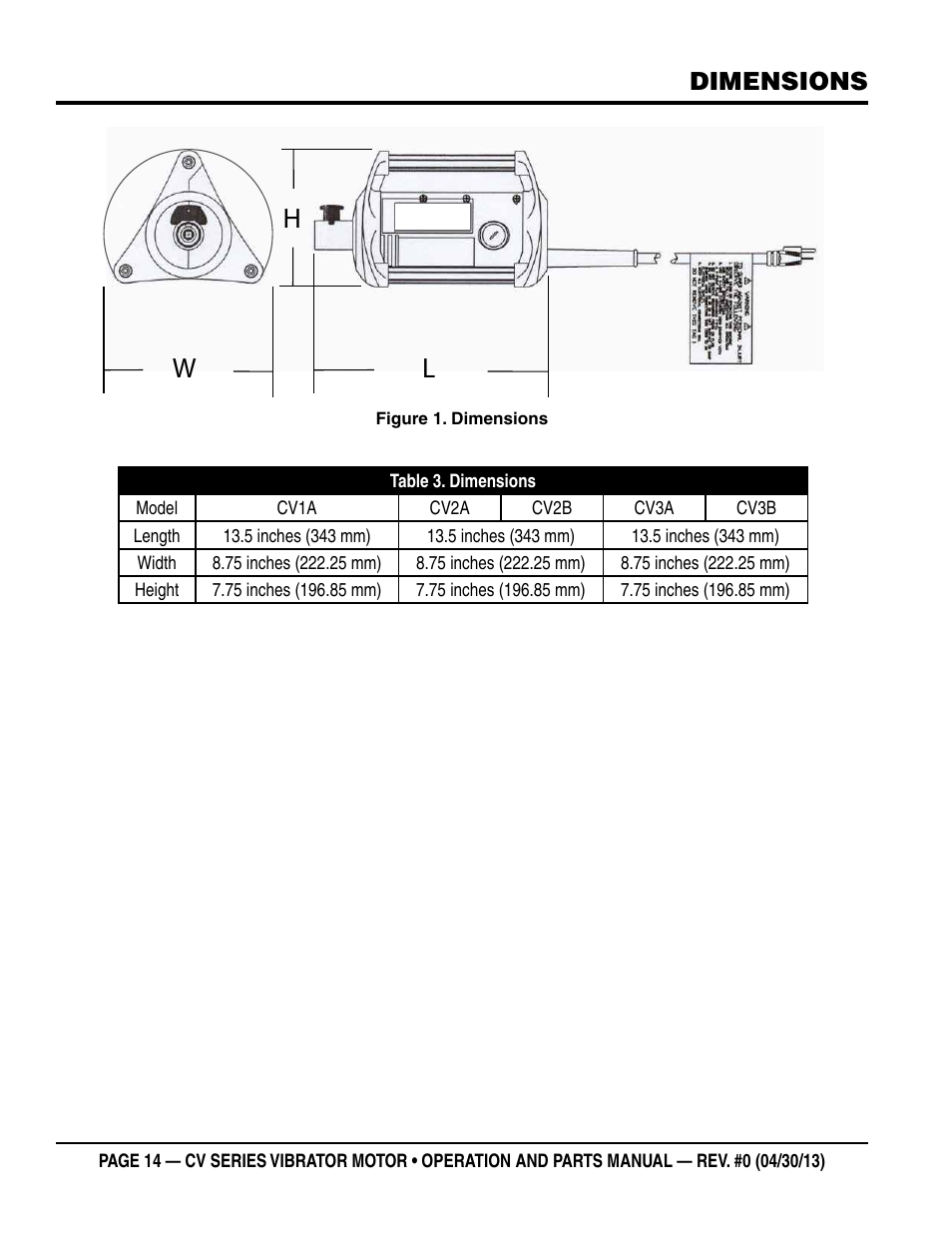 Wl h, Dimensions | Multiquip Cv1A User Manual | Page 14 / 34