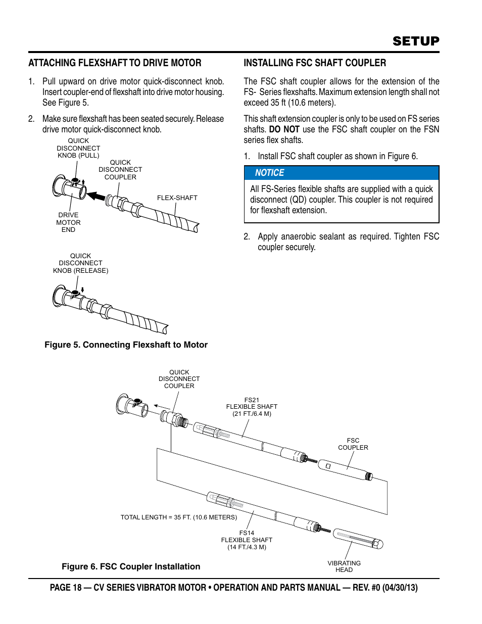 Setup, Attaching flexshaft to drive motor, Installing fsc shaft coupler | Multiquip Cv1A User Manual | Page 18 / 34