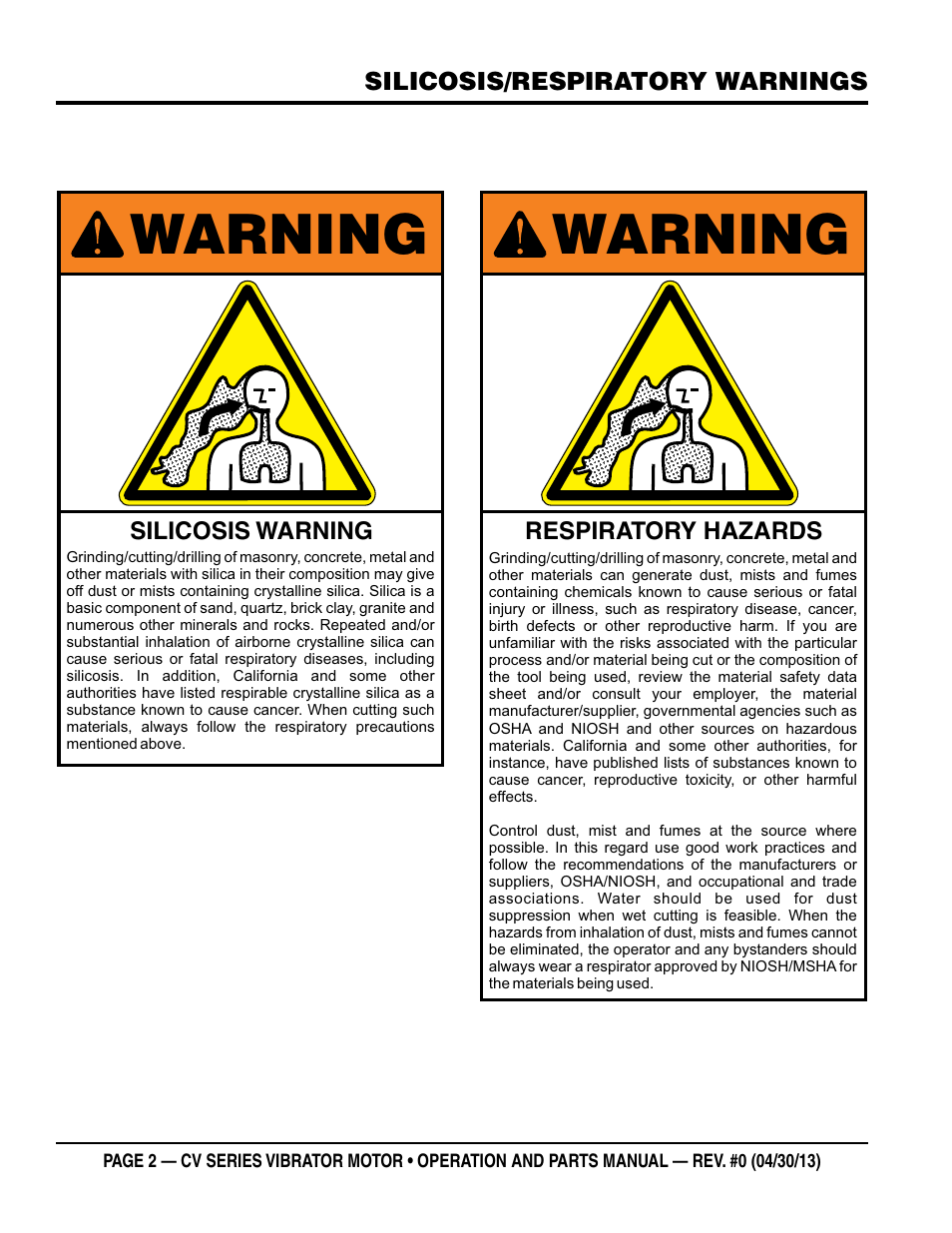 Warning | Multiquip Cv1A User Manual | Page 2 / 34
