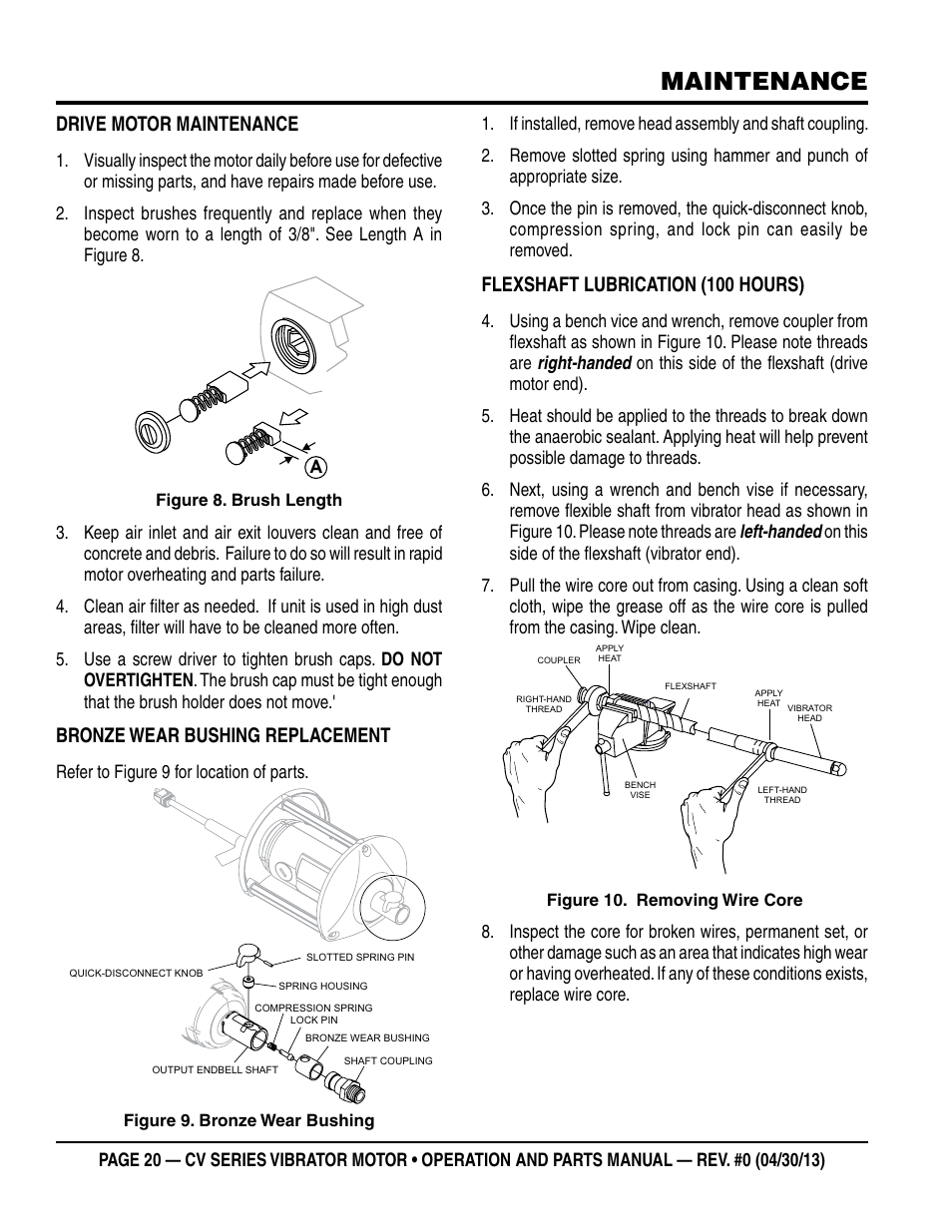 Maintenance, Drive motor maintenance, Bronze wear bushing replacement | Flexshaft lubrication (100 hours) | Multiquip Cv1A User Manual | Page 20 / 34