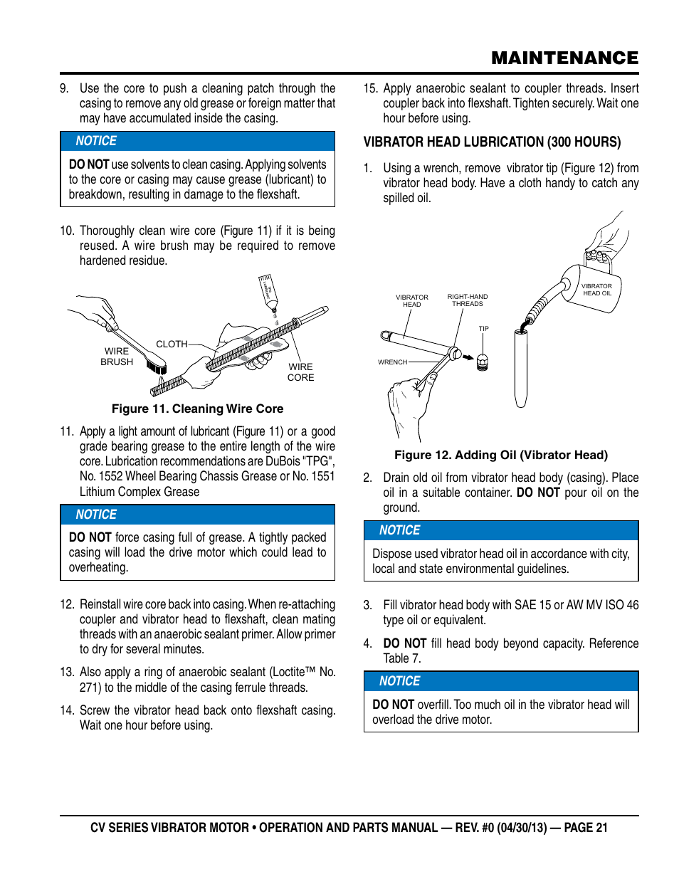 Maintenance, Vibrator head lubrication (300 hours) | Multiquip Cv1A User Manual | Page 21 / 34