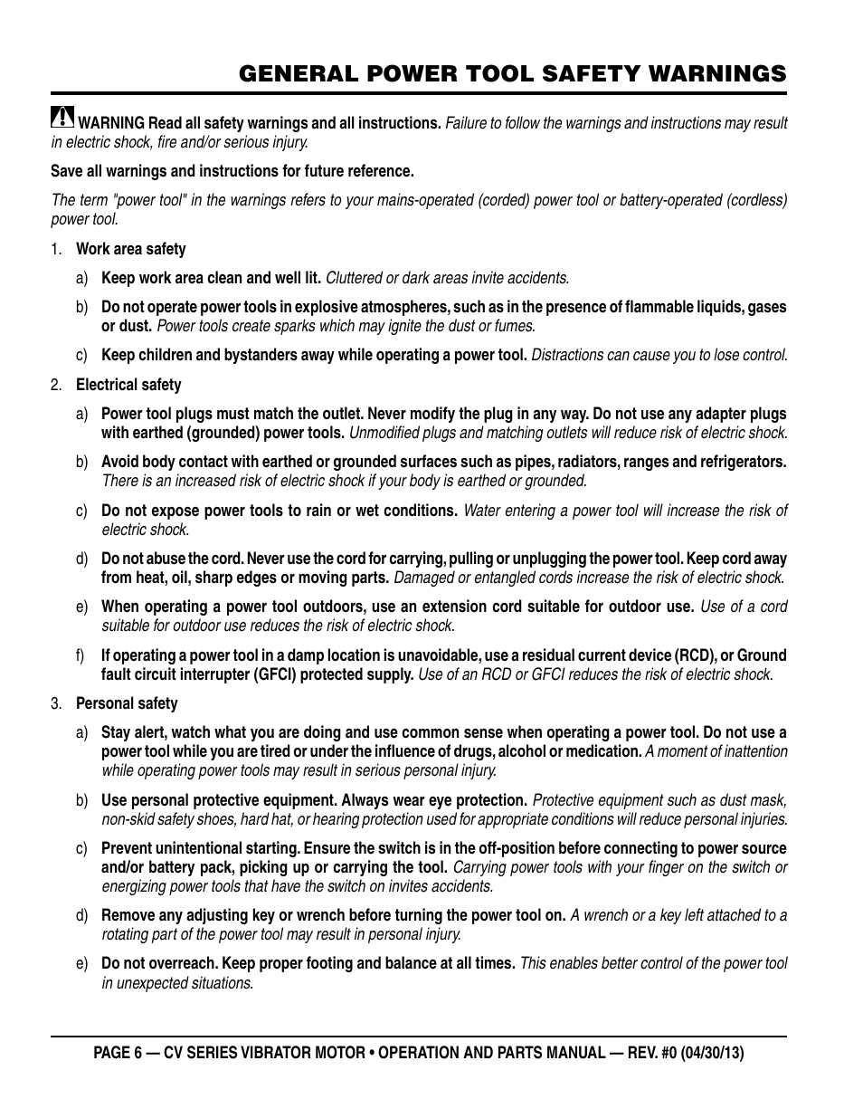 General power tool safety warnings | Multiquip Cv1A User Manual | Page 6 / 34
