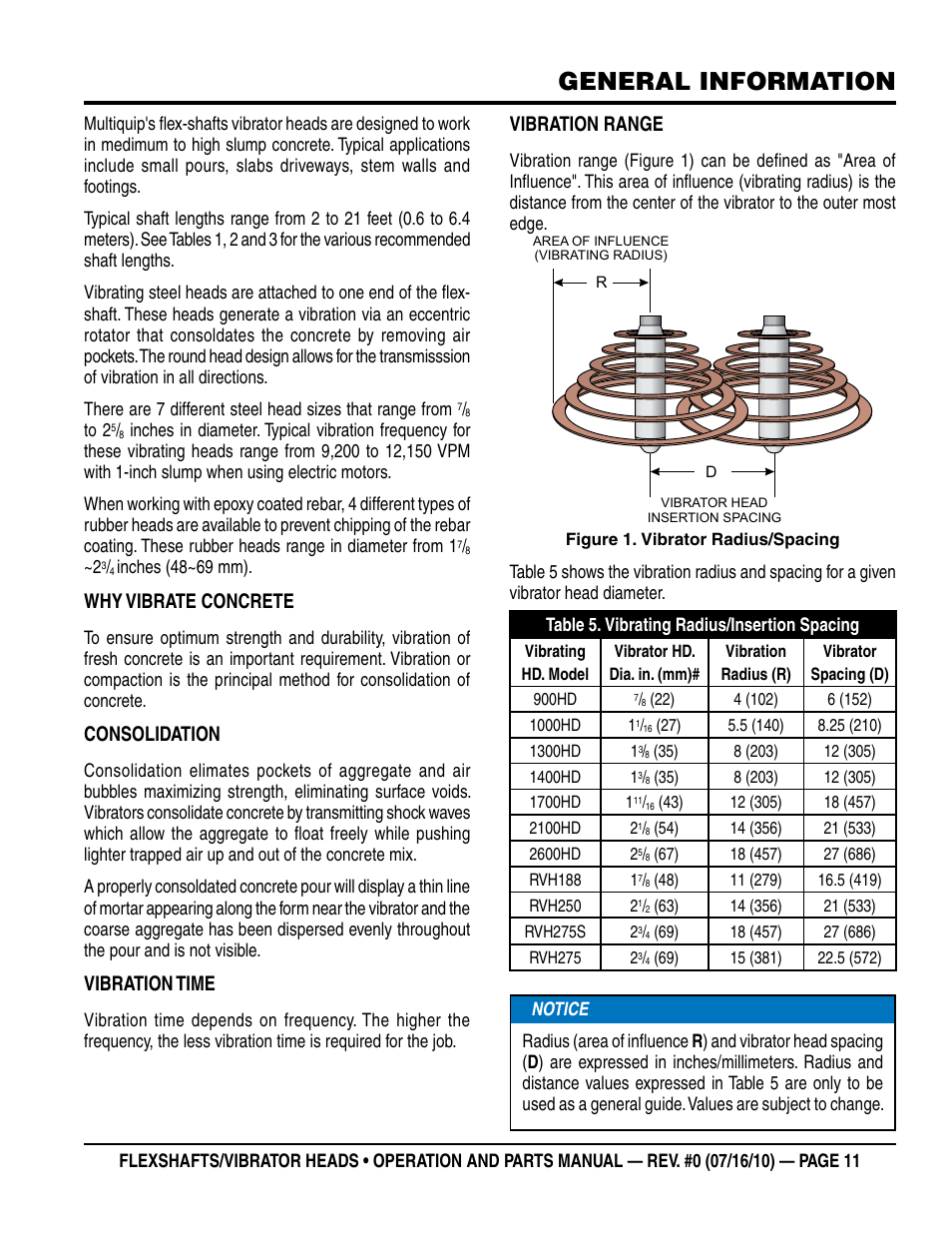 General information, Why vibrate concrete, Consolidation | Vibration time, Vibration range | Multiquip 900HD~2600HD User Manual | Page 11 / 34