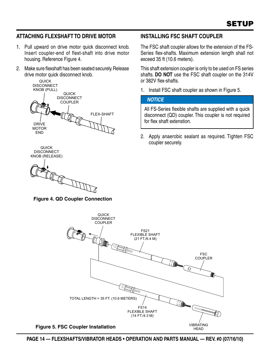 Setup, Attaching flexshaft to drive motor, Installing fsc shaft coupler | Multiquip 900HD~2600HD User Manual | Page 14 / 34