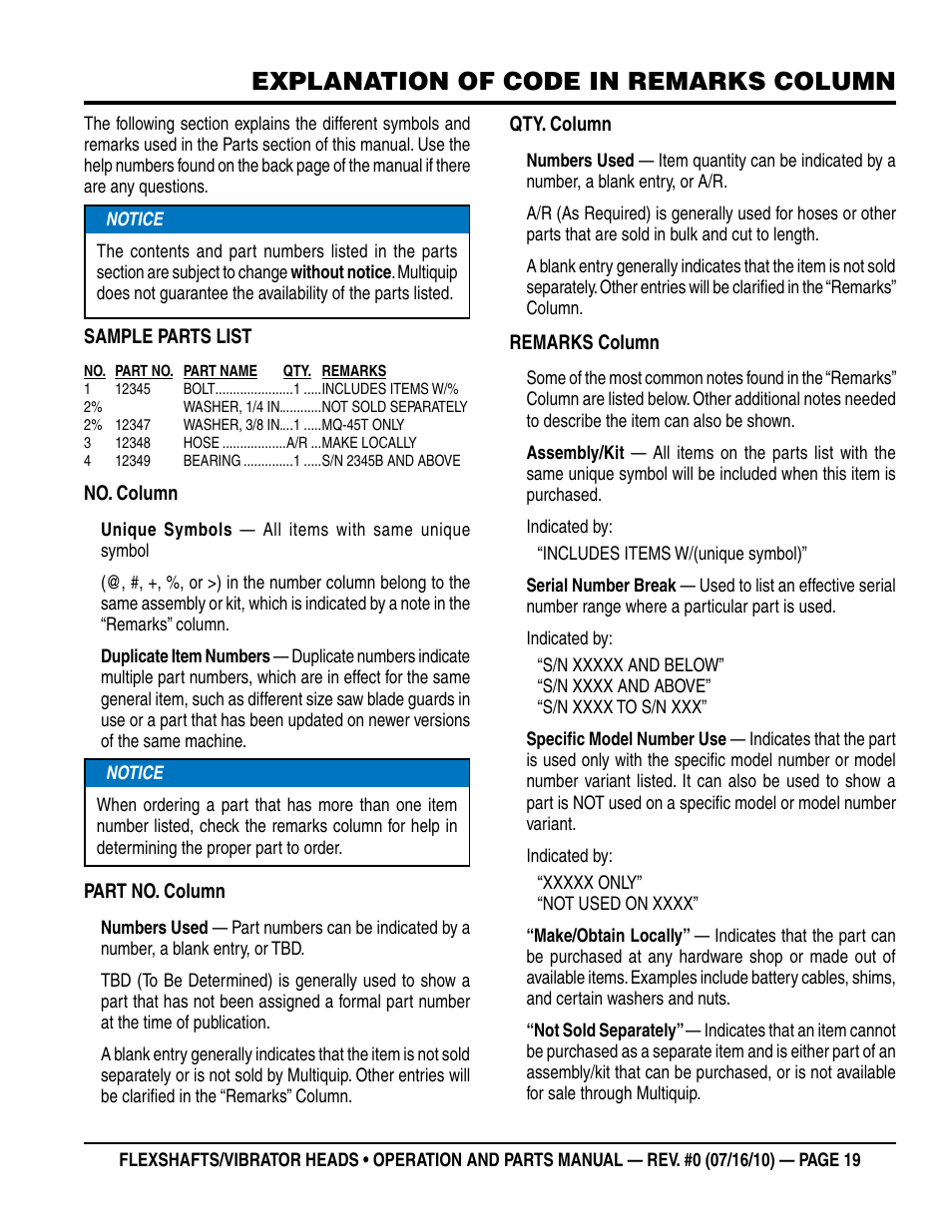 Explanation of code in remarks column | Multiquip 900HD~2600HD User Manual | Page 19 / 34