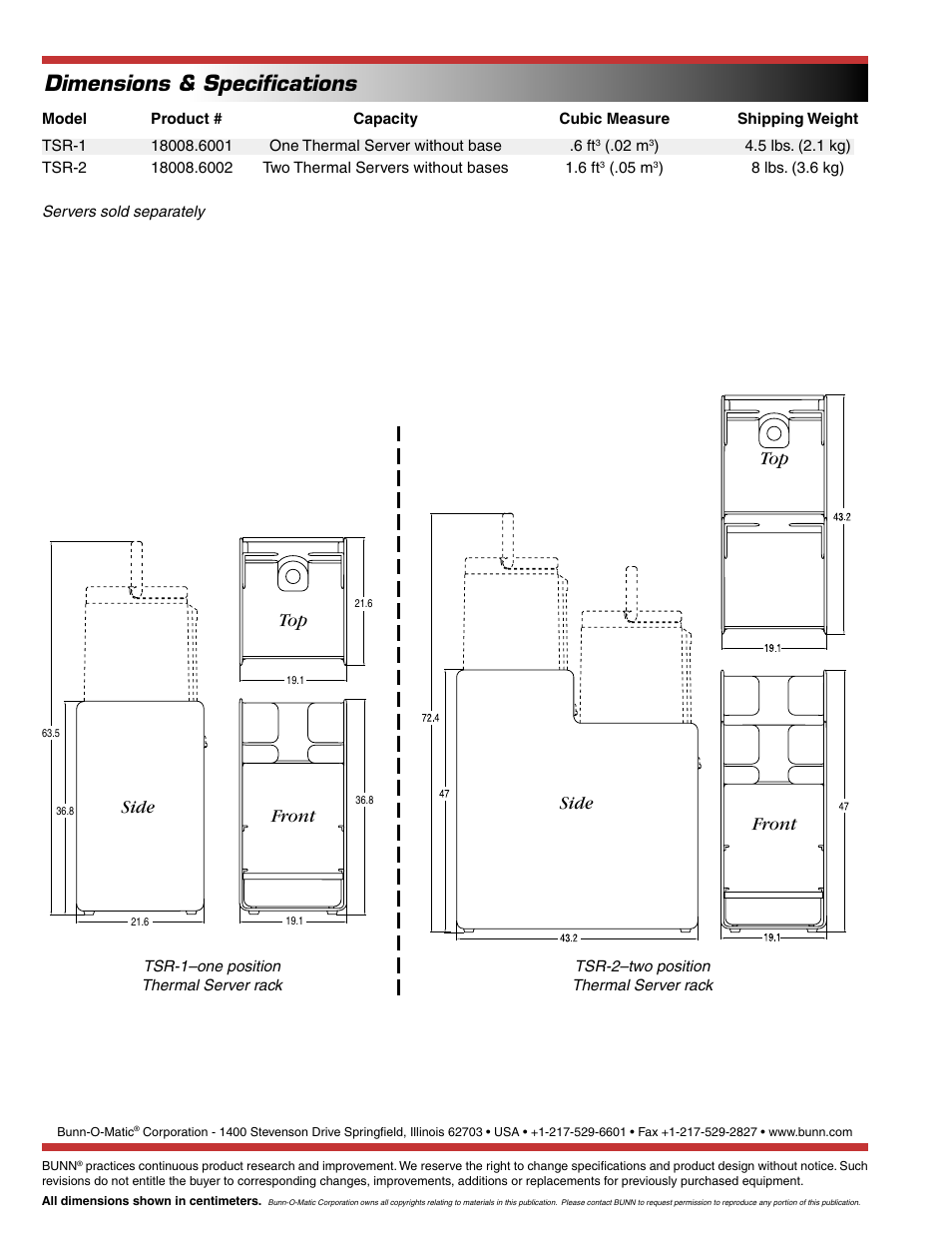 Dimensions & speciﬁcations, Side front top side front top | Bunn TSR-2 User Manual | Page 2 / 2