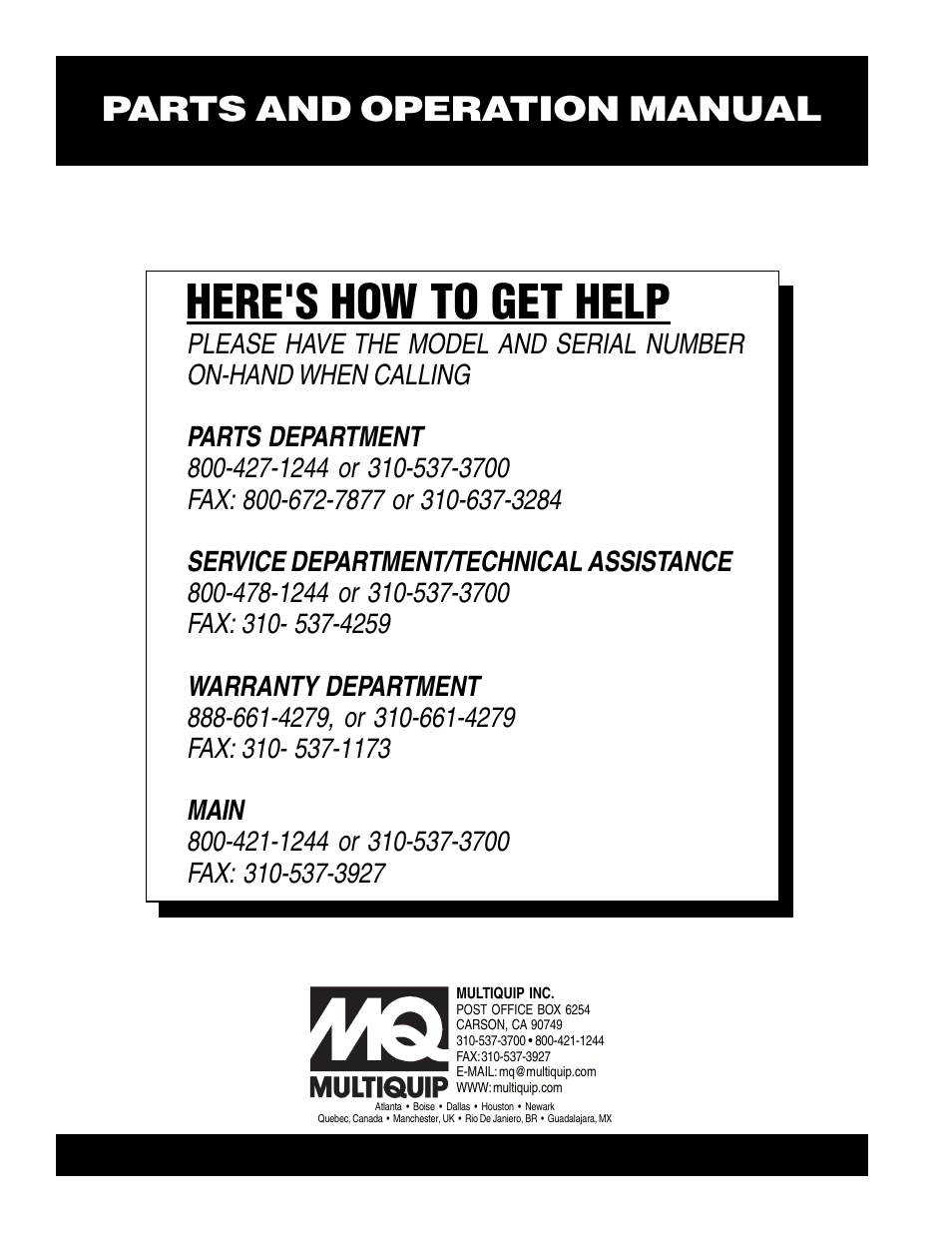 Here's how to get help, Parts and operation manual | Multiquip 382V User Manual | Page 10 / 10