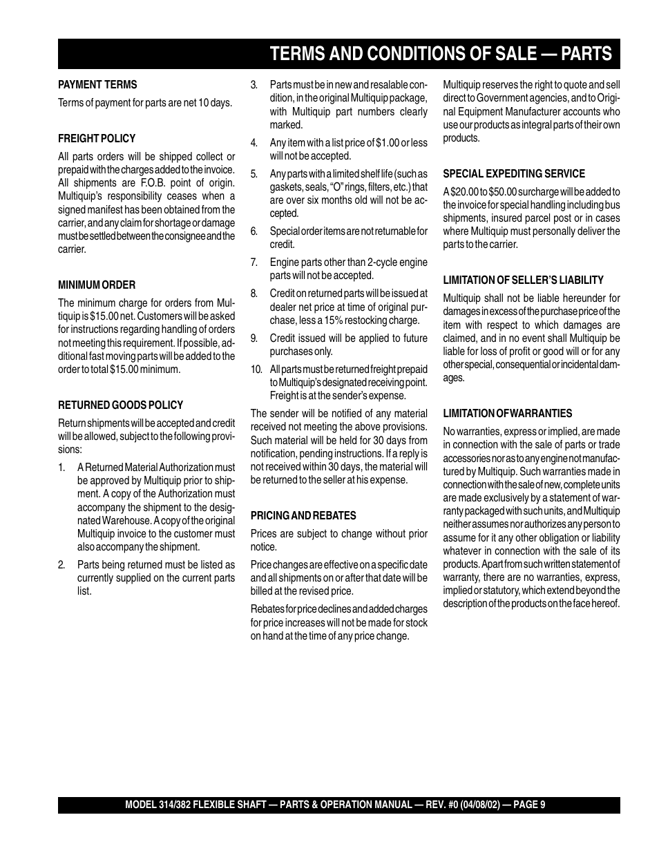 Terms and conditions of sale — parts | Multiquip 382V User Manual | Page 9 / 10