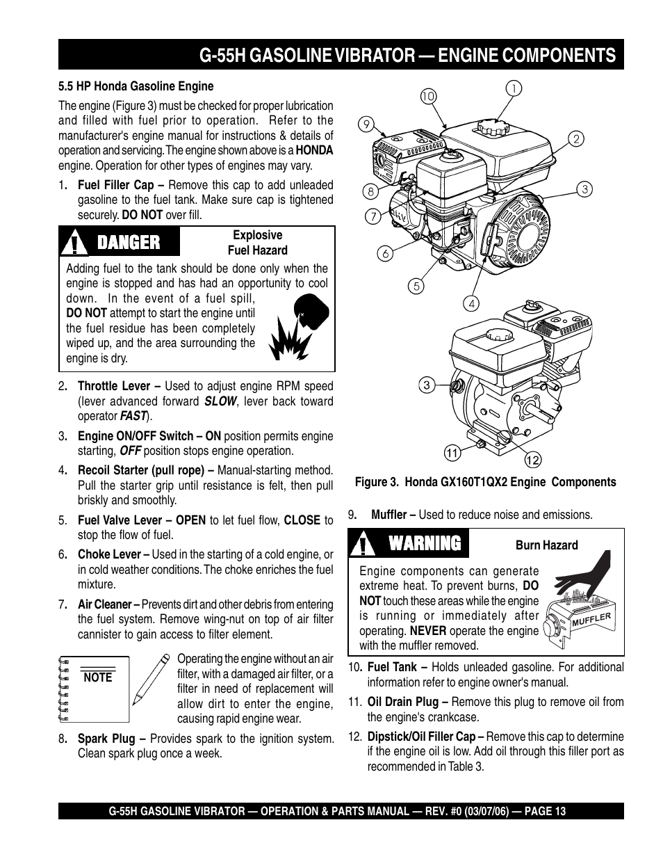 G-55h gasoline vibrator — engine components, Danger, Danger warning warning warning warning warning | Multiquip G55H User Manual | Page 13 / 68