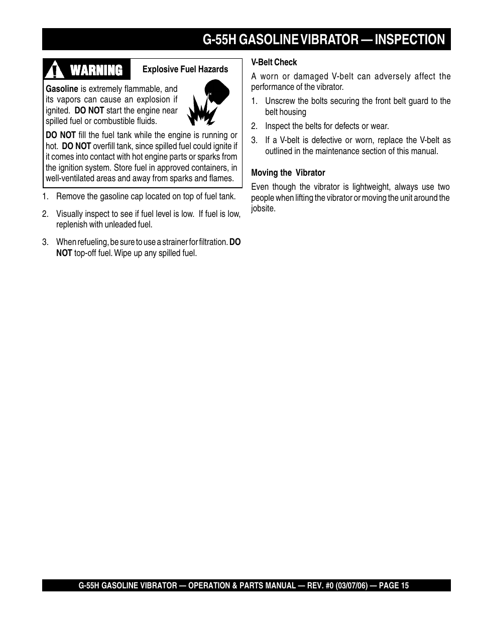 G-55h gasoline vibrator — inspection, Warning | Multiquip G55H User Manual | Page 15 / 68