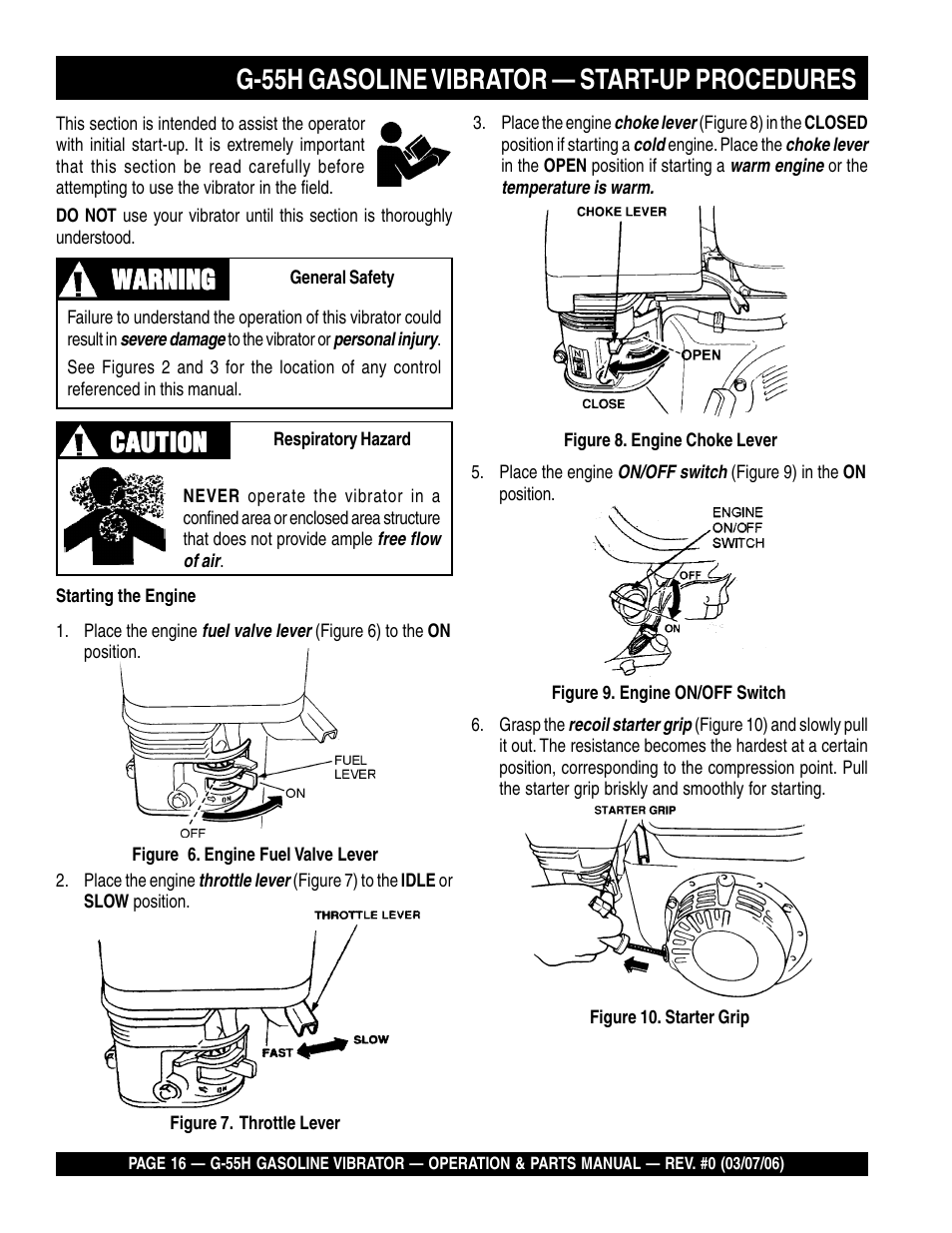 G-55h gasoline vibrator — start-up procedures, Warning, Warning caution caution caution caution caution | Multiquip G55H User Manual | Page 16 / 68