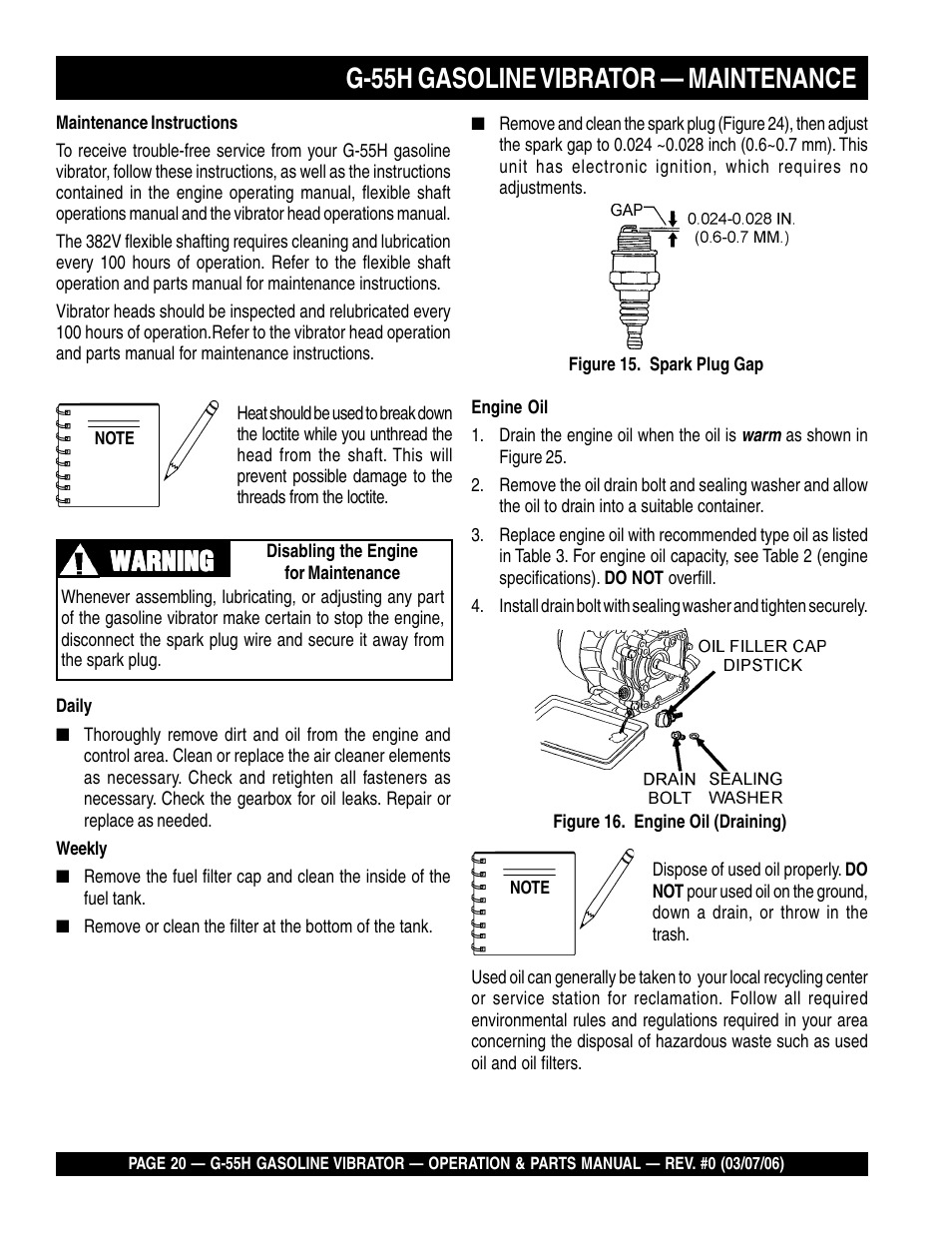 G-55h gasoline vibrator — maintenance, Warning | Multiquip G55H User Manual | Page 20 / 68