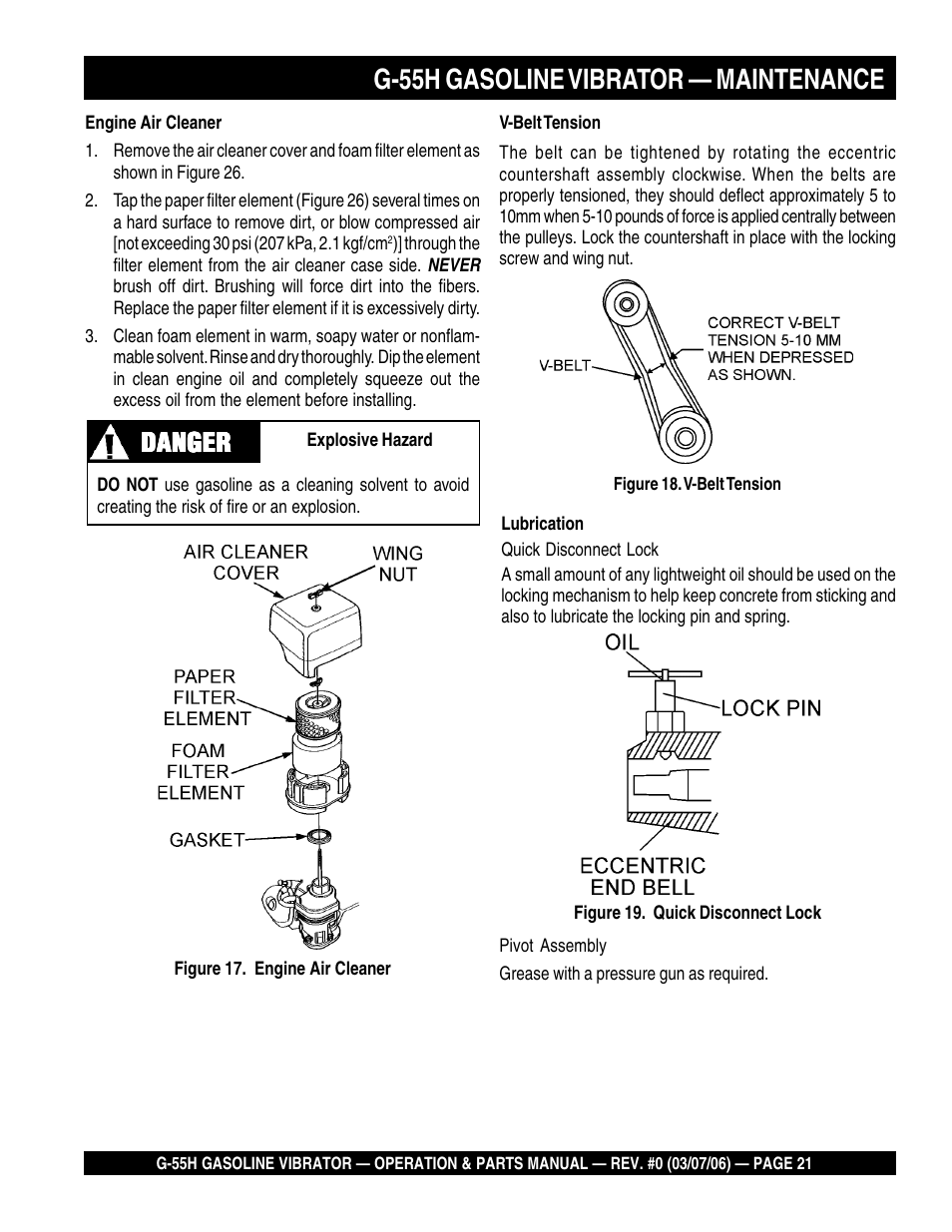 G-55h gasoline vibrator — maintenance, Danger | Multiquip G55H User Manual | Page 21 / 68