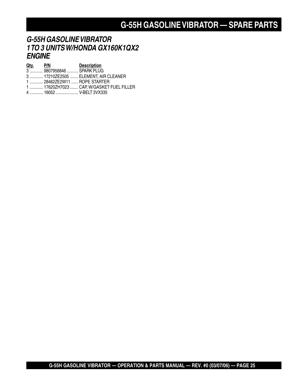 G-55h gasoline vibrator — spare parts | Multiquip G55H User Manual | Page 25 / 68