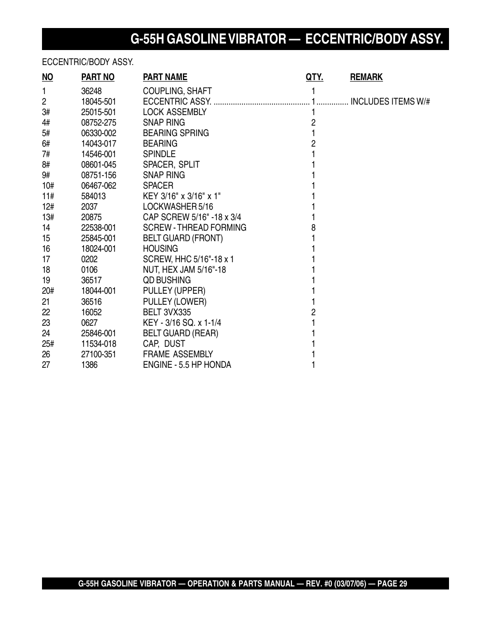 G-55h gasoline vibrator, Eccentric/body assy | Multiquip G55H User Manual | Page 29 / 68
