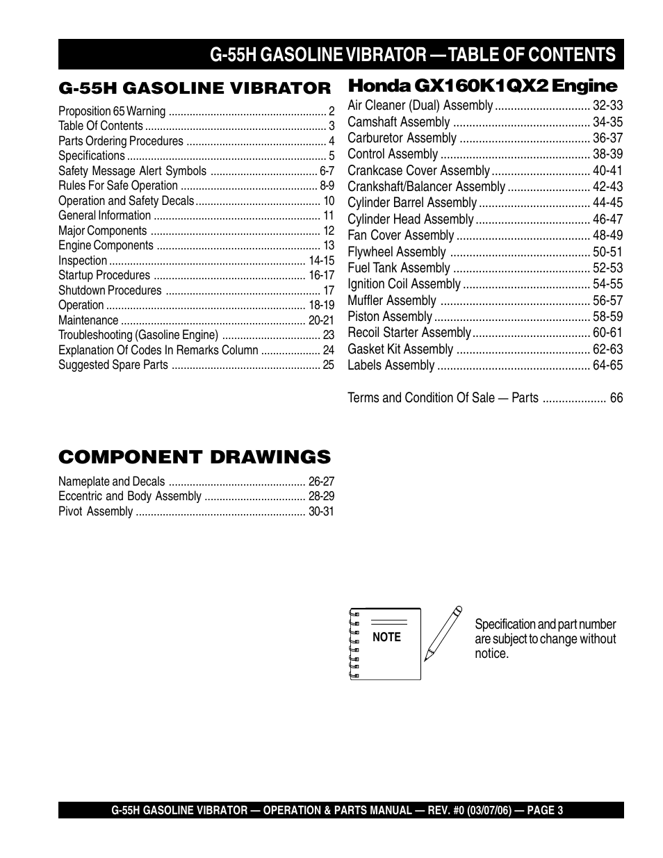 G-55h gasoline vibrator — table of contents, Component drawings | Multiquip G55H User Manual | Page 3 / 68