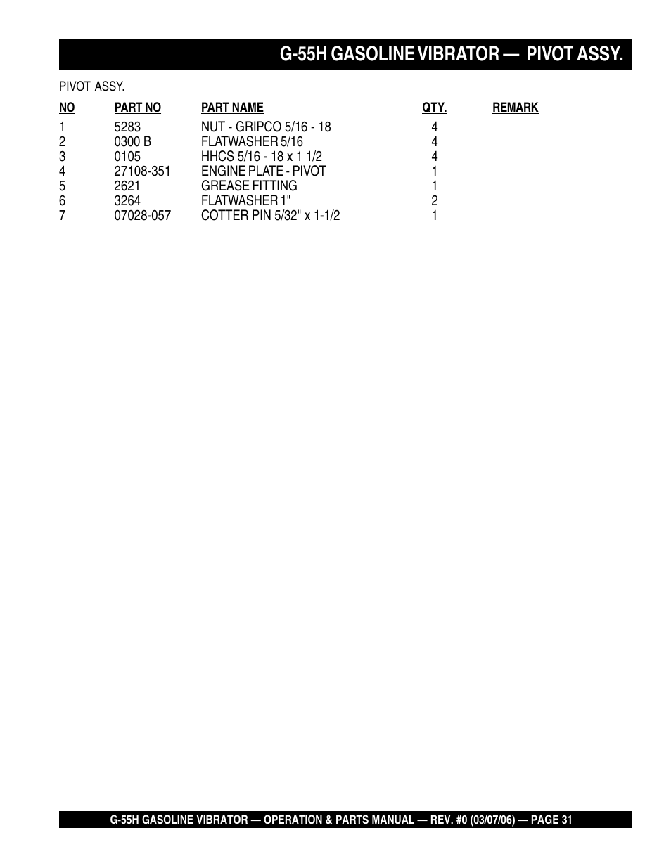 G-55h gasoline vibrator, Pivot assy | Multiquip G55H User Manual | Page 31 / 68