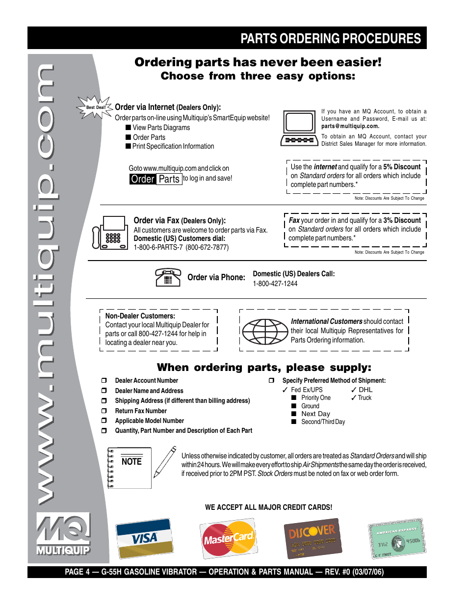 Parts ordering procedures, Ordering parts has never been easier, Choose from three easy options | When ordering parts, please supply, Order parts | Multiquip G55H User Manual | Page 4 / 68
