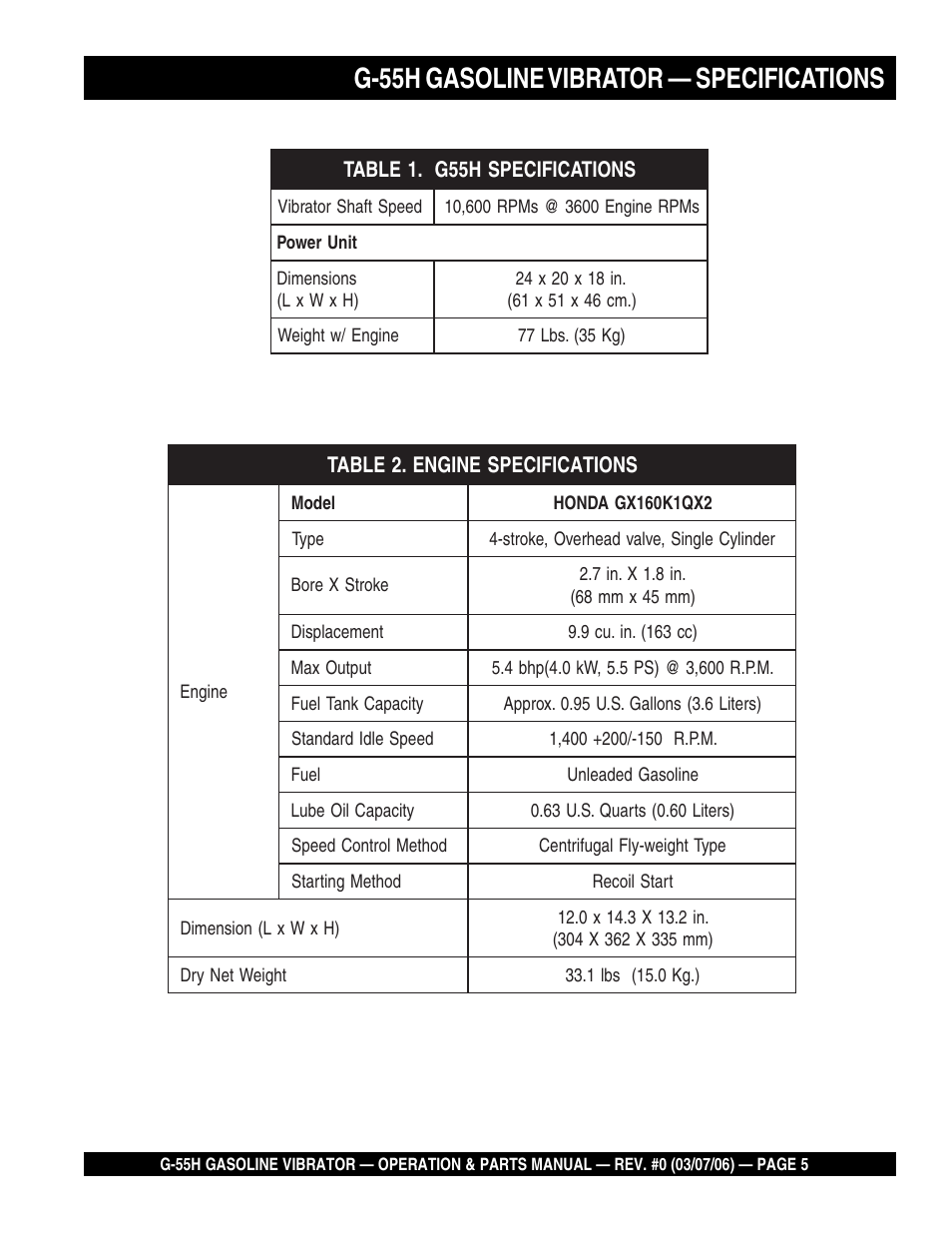 G-55h gasoline vibrator — specifications | Multiquip G55H User Manual | Page 5 / 68