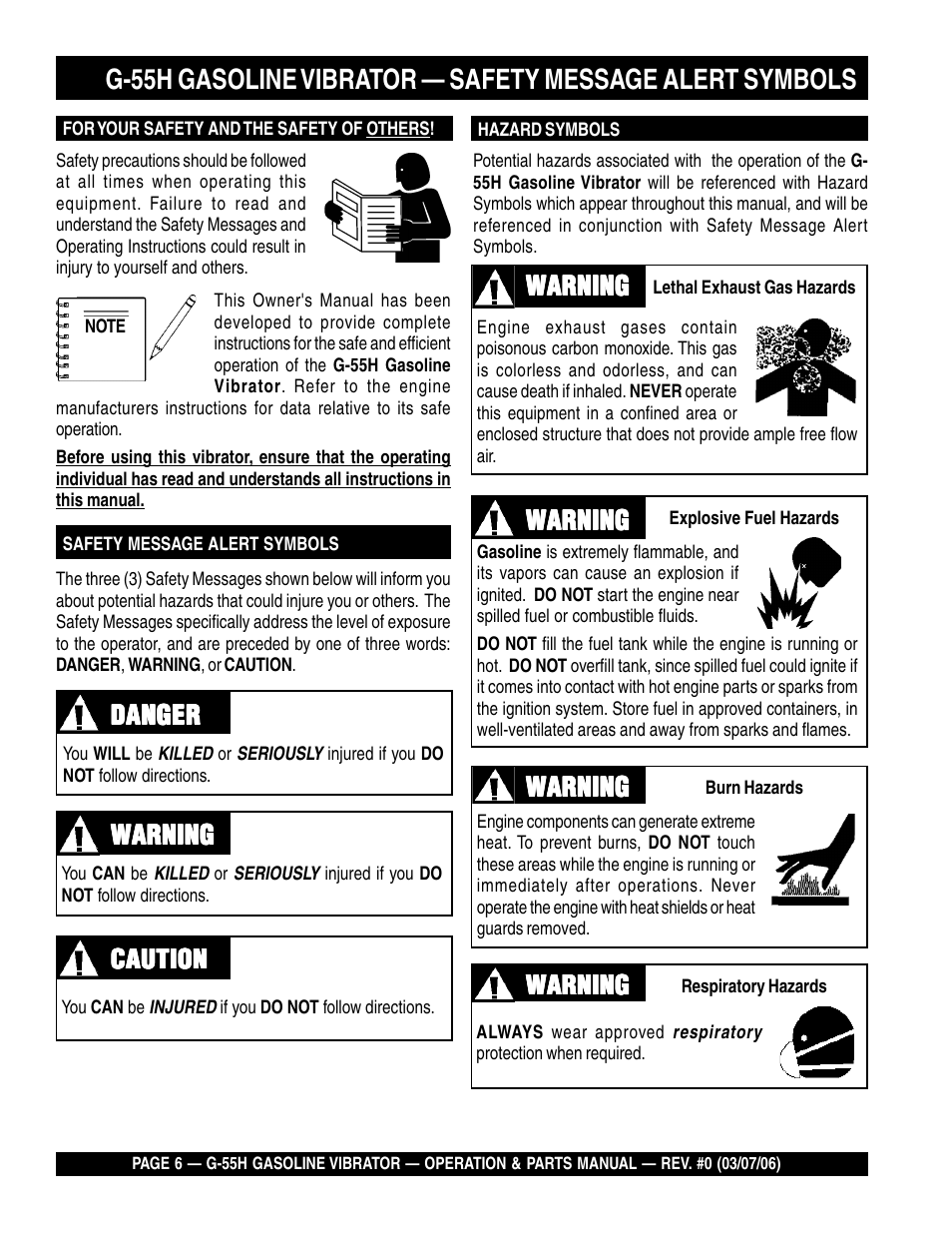 Danger, Warning | Multiquip G55H User Manual | Page 6 / 68