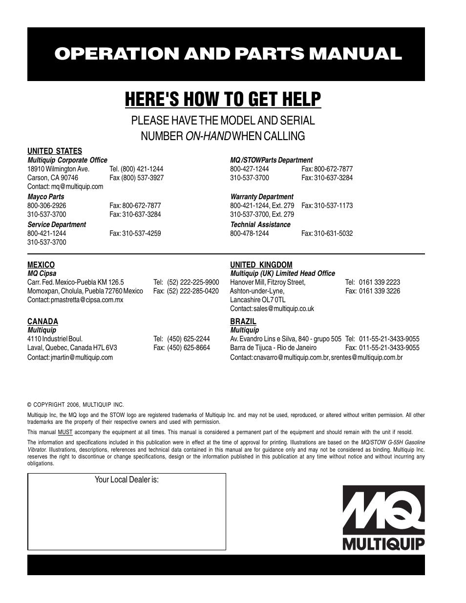 Here's how to get help, Operation and parts manual, On-hand | Please have the model and serial number, When calling | Multiquip G55H User Manual | Page 68 / 68