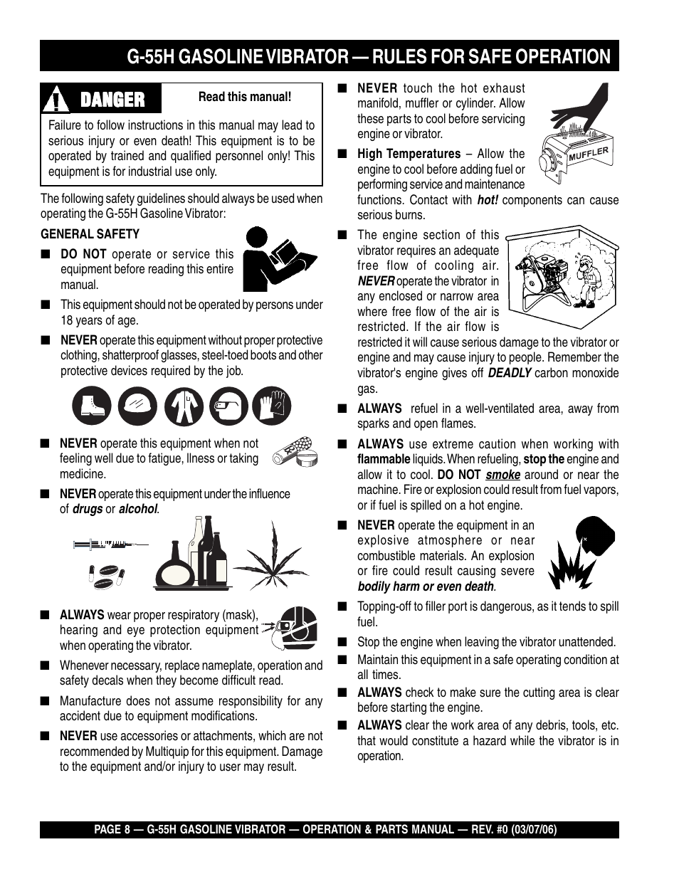 G-55h gasoline vibrator — rules for safe operation, Danger | Multiquip G55H User Manual | Page 8 / 68